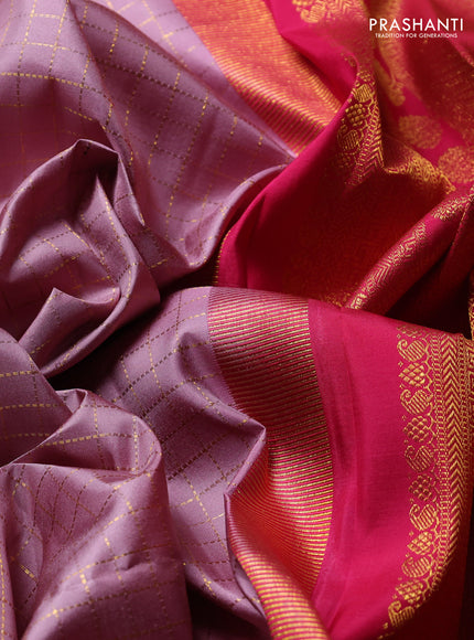 Pure Kanchipuram Silk Saree pastel pink and pink with allover zari woven checked pattern and rich annam zari woven border