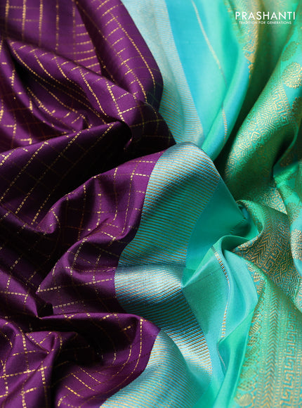 Pure Kanchipuram Silk Saree purple and green with allover zari woven checked pattern and rich annam zari woven border