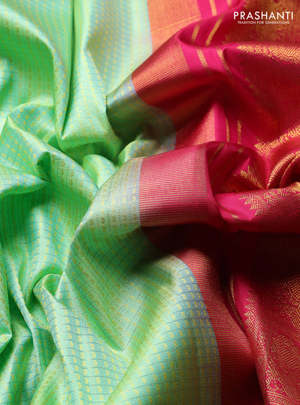 Pure Kanchipuram Silk Saree pista green and pink with allover small zari checks & self emboss and rich zari woven border