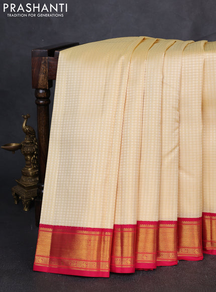 Pure Kanchipuram Silk Saree cream and pink with allover small zari checks & self emboss and rich zari woven border