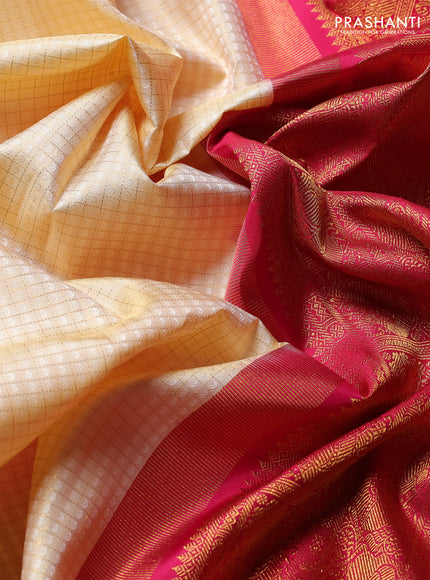 Pure Kanchipuram Silk Saree cream and pink with allover small zari checks & self emboss and rich zari woven border