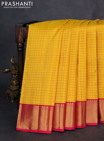 Pure Kanchipuram Silk Saree yellow and pink with allover checked pattern & zari buttas and rich zari woven border