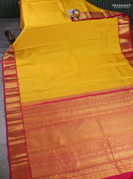Pure Kanchipuram Silk Saree yellow and pink with allover checked pattern & zari buttas and rich zari woven border