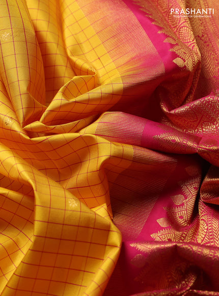 Pure Kanchipuram Silk Saree yellow and pink with allover checked pattern & zari buttas and rich zari woven border