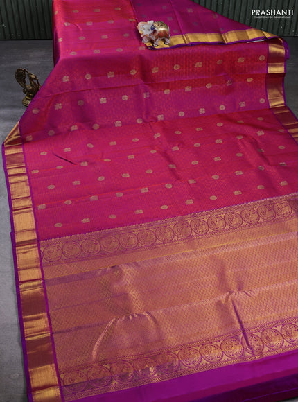 Pure Kanchipuram Silk Saree purple and red with allover thread woven brocades & zari buttas and rich zari woven border