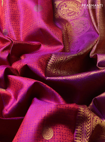 Pure Kanchipuram Silk Saree purple and red with allover thread woven brocades & zari buttas and rich zari woven border