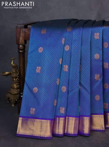 Pure Kanchipuram Silk Saree blue and teal green with allover thread woven brocades & zari buttas and rich zari woven border