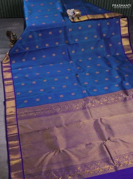 Pure Kanchipuram Silk Saree blue and teal green with allover thread woven brocades & zari buttas and rich zari woven border