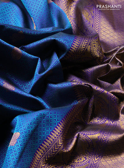 Pure Kanchipuram Silk Saree blue and teal green with allover thread woven brocades & zari buttas and rich zari woven border