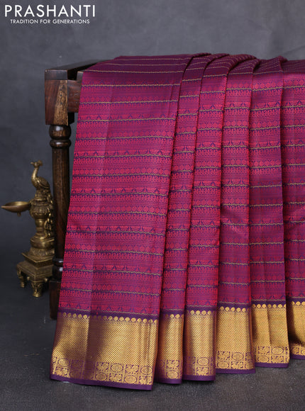 Pure Kanchipuram Silk Saree jamun with allover thread woven brocade weaves and rich zari woven border
