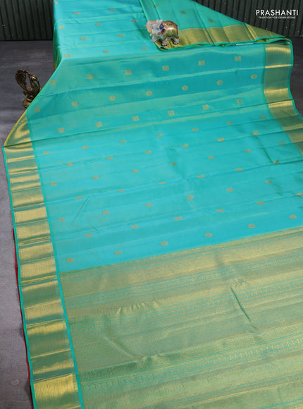 Pure Kanchipuram Silk Saree teal green and red with allover vairaosi pattern & zari buttas and rich zari woven border