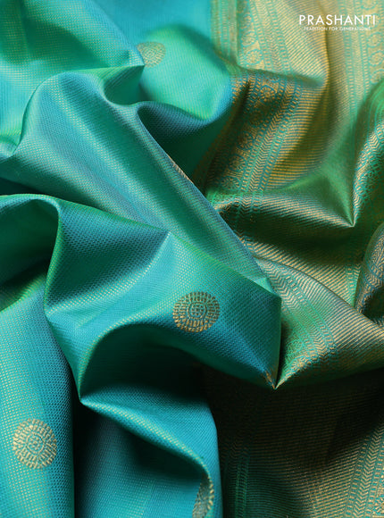 Pure Kanchipuram Silk Saree teal green and red with allover vairaosi pattern & zari buttas and rich zari woven border
