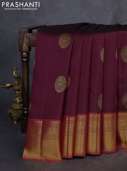 Pure Kanchipuram Silk Saree wine shade and orange with zari woven buttas and rich zari woven border
