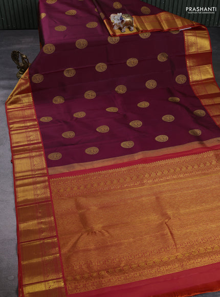 Pure Kanchipuram Silk Saree wine shade and orange with zari woven buttas and rich zari woven border