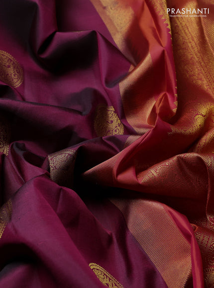 Pure Kanchipuram Silk Saree wine shade and orange with zari woven buttas and rich zari woven border