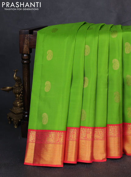 Pure Kanchipuram Silk Saree parrot green and dual tone pinkish orange with paisley zari woven buttas and rich zari woven border