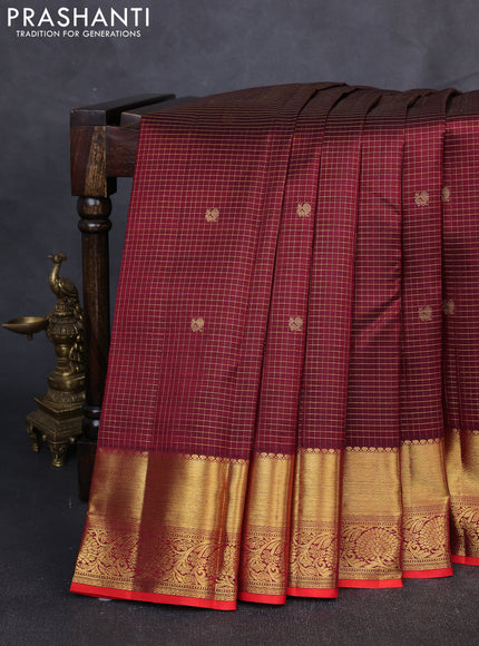 Pure Kanchipuram Silk Saree maroon and orange with allover small zari checks & buttas and rich zari woven border