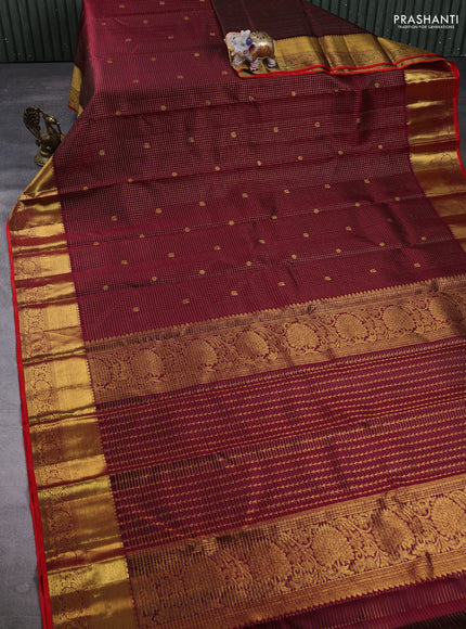 Pure Kanchipuram Silk Saree maroon and orange with allover small zari checks & buttas and rich zari woven border