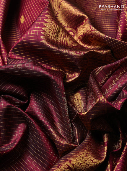Pure Kanchipuram Silk Saree maroon and orange with allover small zari checks & buttas and rich zari woven border