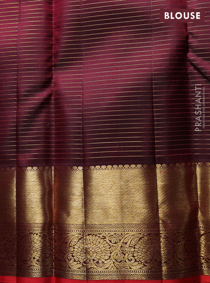 Pure Kanchipuram Silk Saree maroon and orange with allover small zari checks & buttas and rich zari woven border
