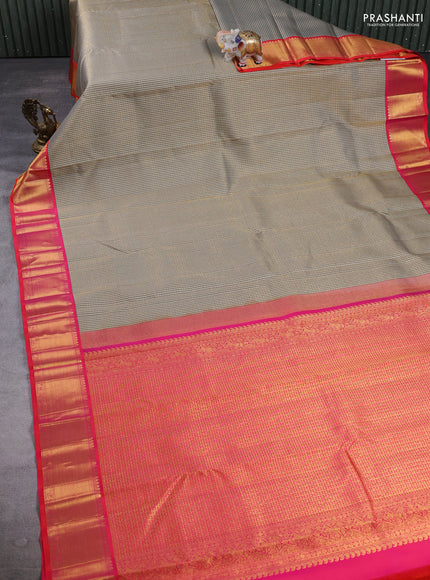 Pure Kanchipuram Silk Saree off white black and dual tone pink with allover zari woven brocade weaves and rich zari woven border