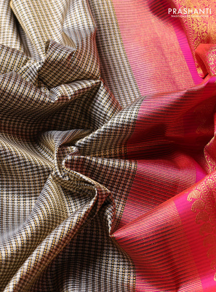 Pure Kanchipuram Silk Saree off white black and dual tone pink with allover zari woven brocade weaves and rich zari woven border