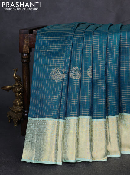 Pure Kanchipuram Silk Saree peacock green and pastel green with allover small zari checks & buttas and rich zari woven border