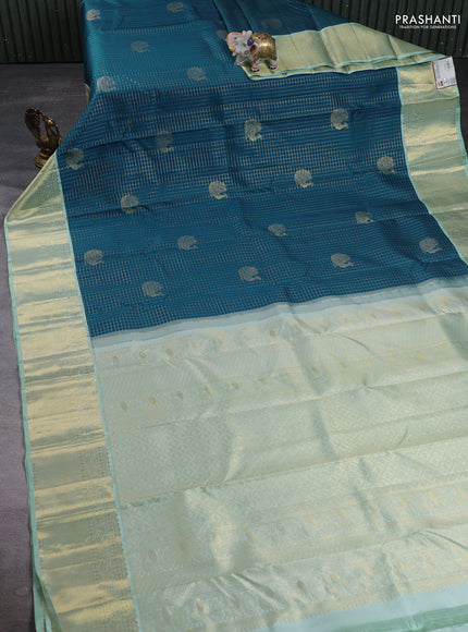 Pure Kanchipuram Silk Saree peacock green and pastel green with allover small zari checks & buttas and rich zari woven border
