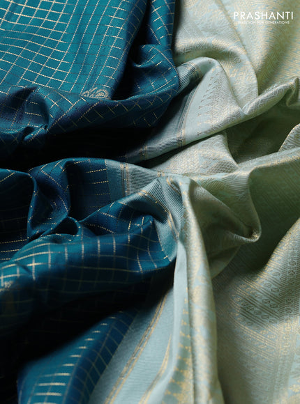 Pure Kanchipuram Silk Saree peacock green and pastel green with allover small zari checks & buttas and rich zari woven border