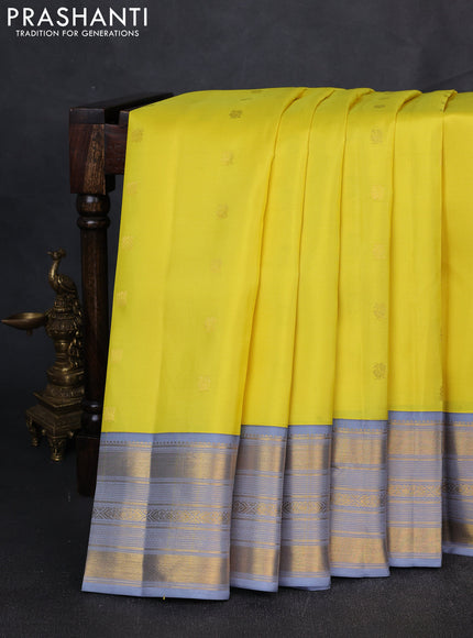 Pure Kanchipuram Silk Saree lime yellow and grey with zari woven buttas and rich zari woven border