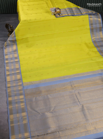 Pure Kanchipuram Silk Saree lime yellow and grey with zari woven buttas and rich zari woven border