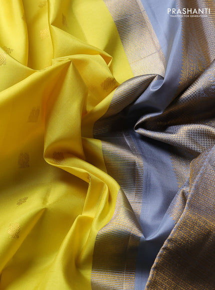 Pure Kanchipuram Silk Saree lime yellow and grey with zari woven buttas and rich zari woven border