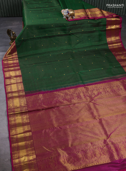 Pure Kanchipuram Silk Saree green and magenta pink with allover small zari checks & buttas and rich zari woven border