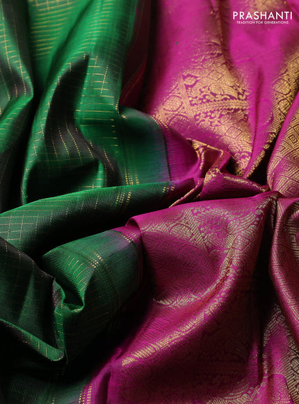 Pure Kanchipuram Silk Saree green and magenta pink with allover small zari checks & buttas and rich zari woven border