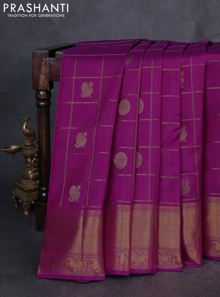 Pure Kanchipuram Silk Saree purple with allover zari checks & buttas and rich zari woven border