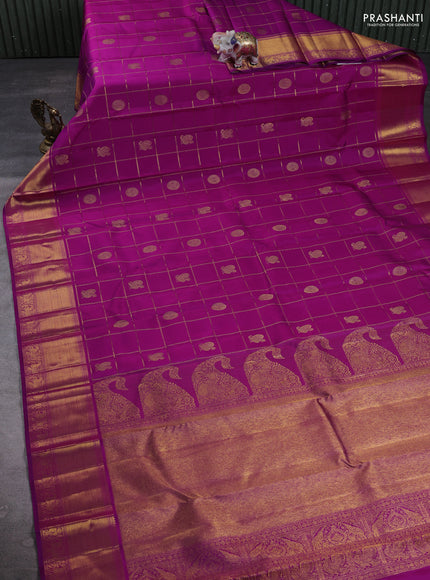 Pure Kanchipuram Silk Saree purple with allover zari checks & buttas and rich zari woven border