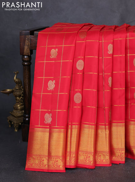 Pure Kanchipuram Silk Saree red with allover zari checks & buttas and rich zari woven border