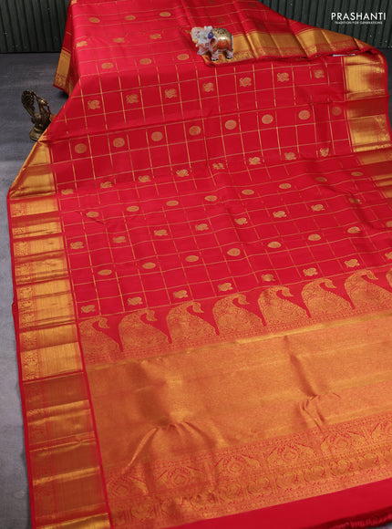 Pure Kanchipuram Silk Saree red with allover zari checks & buttas and rich zari woven border