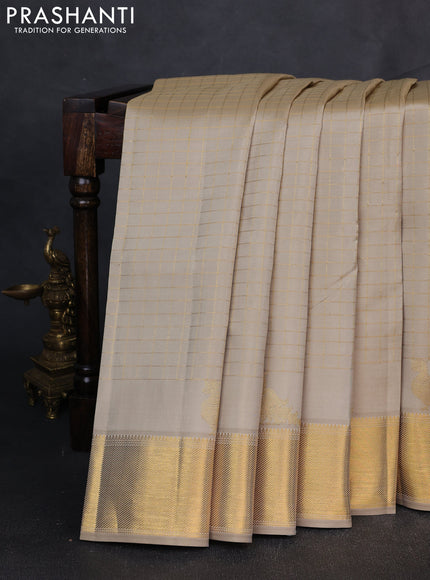 Pure Kanchipuram Silk Saree beige with allover zari woven checked pattern and rich zari woven border