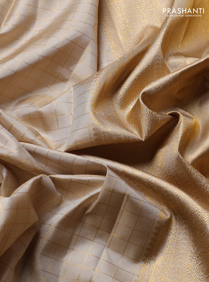 Pure Kanchipuram Silk Saree beige with allover zari woven checked pattern and rich zari woven border