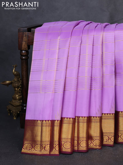 Pure Kanchipuram Silk Saree lavender and deep maroon with allover zari woven checked pattern and rich zari woven border