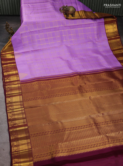 Pure Kanchipuram Silk Saree lavender and deep maroon with allover zari woven checked pattern and rich zari woven border