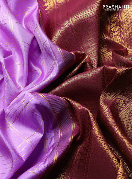 Pure Kanchipuram Silk Saree lavender and deep maroon with allover zari woven checked pattern and rich zari woven border