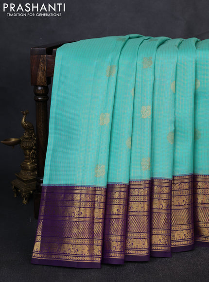 Pure Kanchipuram Silk Saree teal blue and violet with allover small zari checks & buttas and rich zari woven border