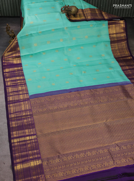 Pure Kanchipuram Silk Saree teal blue and violet with allover small zari checks & buttas and rich zari woven border