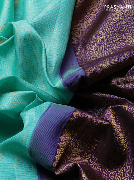 Pure Kanchipuram Silk Saree teal blue and violet with allover small zari checks & buttas and rich zari woven border