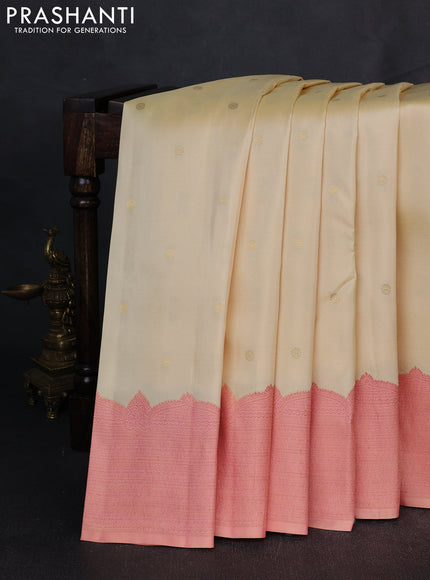 Pure Kanchipuram Silk Saree cream and peach orange with zari woven buttas and rich zari woven border