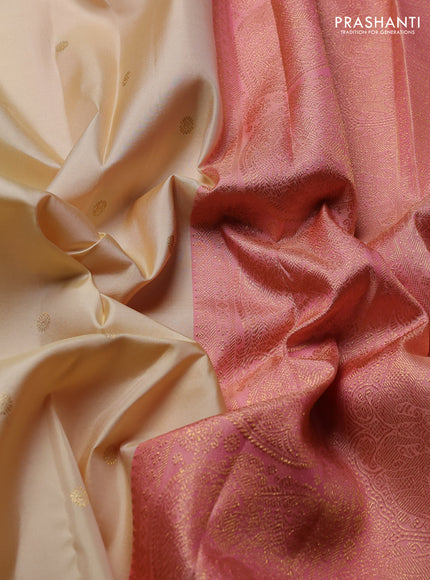 Pure Kanchipuram Silk Saree cream and peach orange with zari woven buttas and rich zari woven border