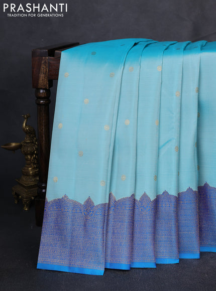 Pure Kanchipuram Silk Saree light blue and blue with zari woven buttas and rich zari woven border