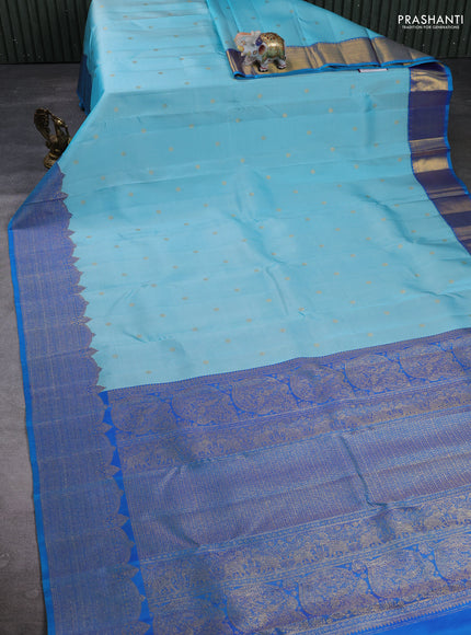 Pure Kanchipuram Silk Saree light blue and blue with zari woven buttas and rich zari woven border